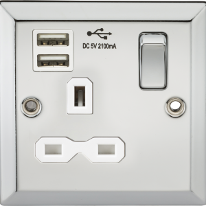 Knightsbridge 13A 1G Switched Socket Dual USB Charger Slots with White Insert - Bevelled Edge Polished Chrome