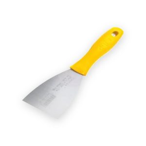 DUYAR scraping spatula with wide metal blade, printed blade markings and yellow handle with hanging hole