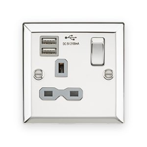 13A 1G Switched Socket Dual USB Charger Slots with Grey Insert - Bevelled Edge Polished Chrome