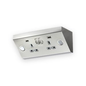 13A 2G Mounting Switched Socket With Dual USB Charger (2.4A) - Stainless Steel With grey Insert
