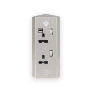 13A 2G Vertical Switched Socket With Dual USB Charger (2.4A) - Stainless Steel With Black Insert