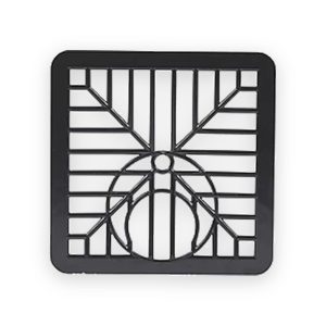 Black square plastic drainage grille with radial bars and rectangular openings