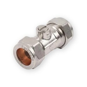15mm chrome isolating valve with screwdriver slot, hexagonal compression nuts and visible copper bore