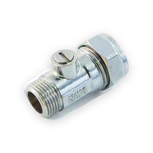 Chrome isolating valve with male threaded inlet, slotted shutoff screw and hexagonal compression nut