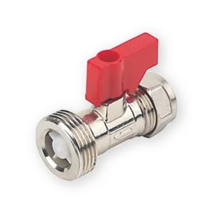 Straight chrome washing machine check valve with red lever handle, threaded outlet and white internal insert