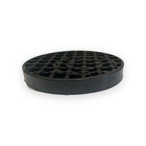 Black round plastic drainage grille with raised circular rim