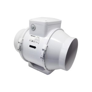 Airflow Aventa AV150 white inline mixed flow fan with mounting base and airflow direction label