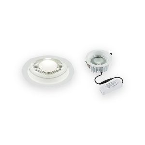 230V 30W COB LED Recessed Commercial Downlight 4000K shown with front and rear views and driver