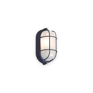 230V IP54 60W Black Oval Bulkhead With Wire Guard and Glass Diffuser