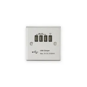 230V Quad USB-A Charger Outlet (5V DC 5.1A Shared) - Brushed Chrome With Black Insert
