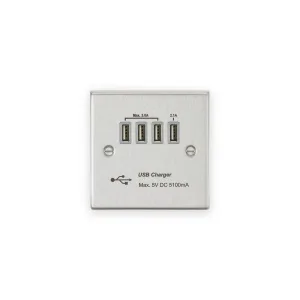 230V Quad USB-A Charger Outlet (5V DC 5.1A Shared) - Brushed Chrome With Grey Insert