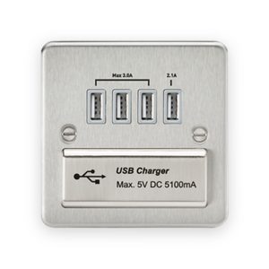 230V Quad USB-A Charger Outlet (5V DC 5.1A Shared) - Brushed Chrome With Grey Insert