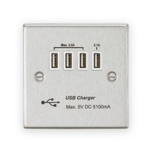 230V Quad USB-A Charger Outlet (5V DC 5.1A shared) - Brushed Chrome with White Insert