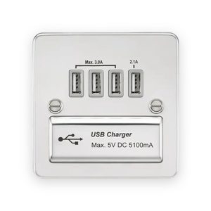 230V Quad USB-A Charger Outlet (5V DC 5.1A Shared) - Polished Chrome With Grey Insert