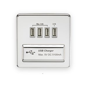 230V Quad USB-A Charger Outlet (5V DC 5.1A Shared) - Polished Chrome With Grey Insert