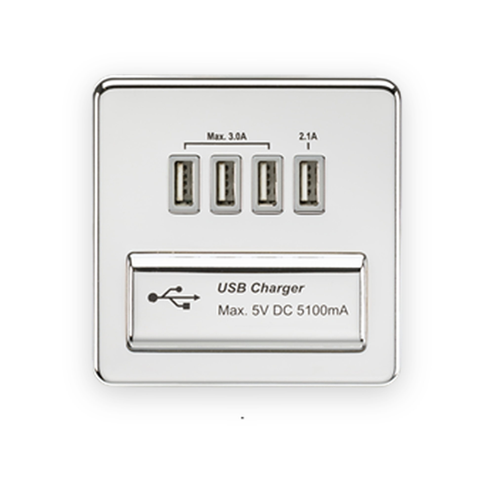 230v-quad-usb-a-charger-outlet-5v-dc-5-1a-shared-polished-chrome-with-grey-insert-sfquadpcg 230V Quad USB-A Charger Outlet (5V DC 5.1A Shared) - Polished Chrome With Grey Insert