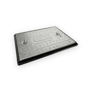 Rectangular metal manhole cover in black frame with raised tread and two lifting handles