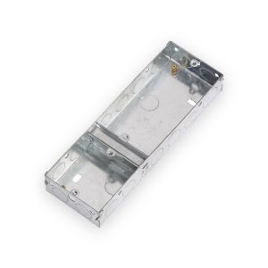 Three gang galvanised metal flush back box with single and double compartments