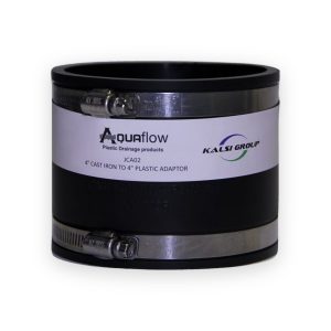 Aquaflow JCA02 black 4-inch cast-iron-to-plastic adaptor with two metal bands, open bore and original Kalsi label