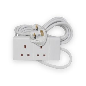 White two-gang extension socket with coiled cable and UK plug