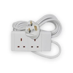 White two-gang extension socket with coiled cable and UK plug