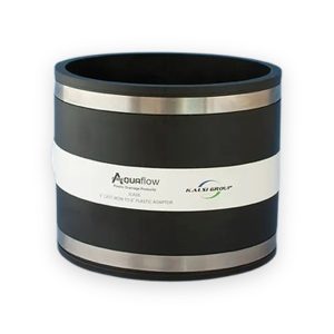 Aquaflow JCA06 black cast-iron-to-plastic adaptor with two metal bands, open bore and original printed label