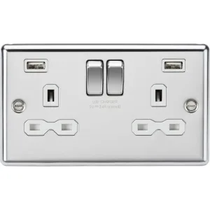Knightsbridge 13A 2G Switched Socket Dual USB Charger (2.4A) With Black Insert - Bevelled Edge Polished Chrome