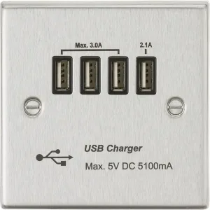 230V Quad USB-A Charger Outlet (5V DC 5.1A Shared) - Brushed Chrome With Black Insert