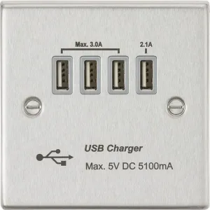 230V Quad USB-A Charger Outlet (5V DC 5.1A Shared) - Brushed Chrome With Grey Insert
