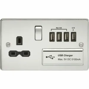 Knightsbridge 13A Switched Socket with Quad USB-A (5V DC 5.1A shared) - Polished Chrome with Black insert