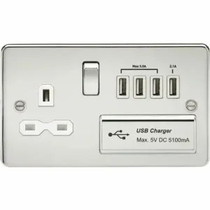 Knightsbridge FPR7USB4PCW 13A Switched Socket with Quad USB-A (5V DC 5.1A shared) - Polished Chrome with White Insert