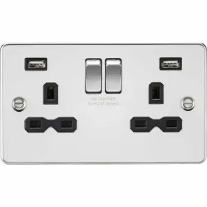 Knightsbridge 13A 2G SP Switched Socket with Dual USB A+A (5V DC 2.4A shared) - Polished Chrome with Black Insert