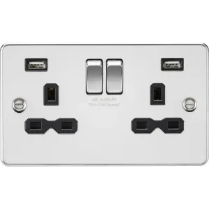 Knightsbridge 13A 2G SP Switched Socket With Dual USB A+A (5V DC 2.4A Shared) - Brushed Chrome With Black Insert