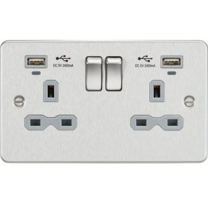 Knightsbridge 13A 2G Switched Socket, Dual USB (2.4A) with LED Charge Indicators - Brushed Chrome w/Grey Insert