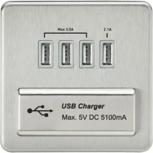 230V Quad USB-A Charger Outlet (5V DC 5.1A shared) - Brushed Chrome with Grey Insert