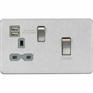 Knightsbridge 45A DP Switch & 13A Socket with Dual USB A+A (5V DC 2.4A shared) - Brushed Chrome with Grey Insert