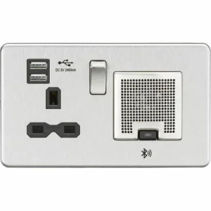 Knightsbridge 13A Socket Bluetooth Speaker and Dual USB A+A (5V DC 2.4A shared) - Brushed Chrome with Black Insert