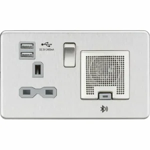 Knightsbridge 13A Socket Bluetooth Speaker and Dual USB A+A (5V DC 2.4A shared) - Brushed Chrome with Grey Insert