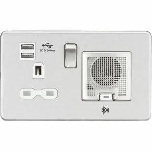 Knightsbridge 13A Socket Bluetooth Speaker and Dual USB A+A (5V DC 2.4A shared) - Brushed Chrome with White Insert