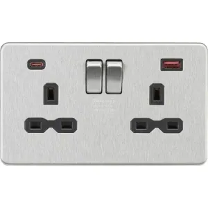 Knightsbridge 13A 2G DP Switched Socket with Dual USB A+C 20V DC 2.25A (Max. 45W) - Brushed Chrome w/Black Insert