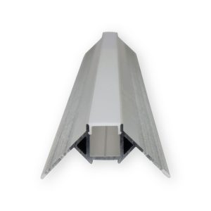 Aluminium external-corner plaster-in LED tape profile with diffuser, angled wings and visible end channel
