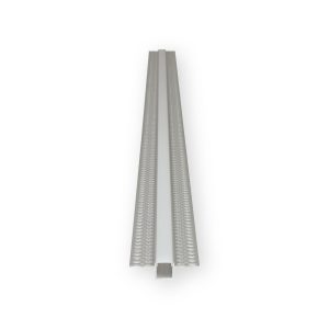 Aluminium flush-mounted plaster-in LED tape profile with central diffuser, perforated wings and visible rectangular end channel