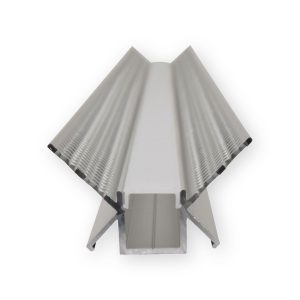 Aluminium internal-corner plaster-in LED tape profile with diffuser, angled perforated wings and visible end channel