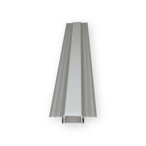Aluminium wide flush-mounted plaster-in LED tape profile with central diffuser, perforated wings and visible end channel
