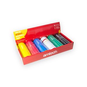 Amtech display box of insulation tape rolls in yellow, red, blue, white, green and black