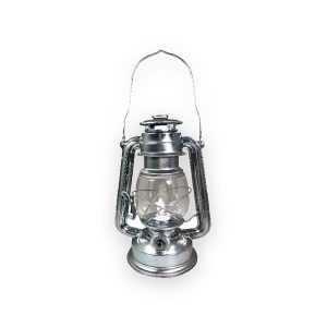 Silver lantern-style LED light with clear glass, wire guards and a thin carrying handle