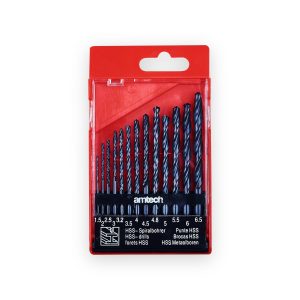 Amtech F1000 high speed steel drill set, 13 pieces, 1.5mm to 6.5mm