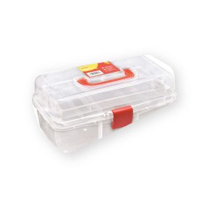 Amtech N0120 translucent three-tier storage case with red latch and folding carry handle