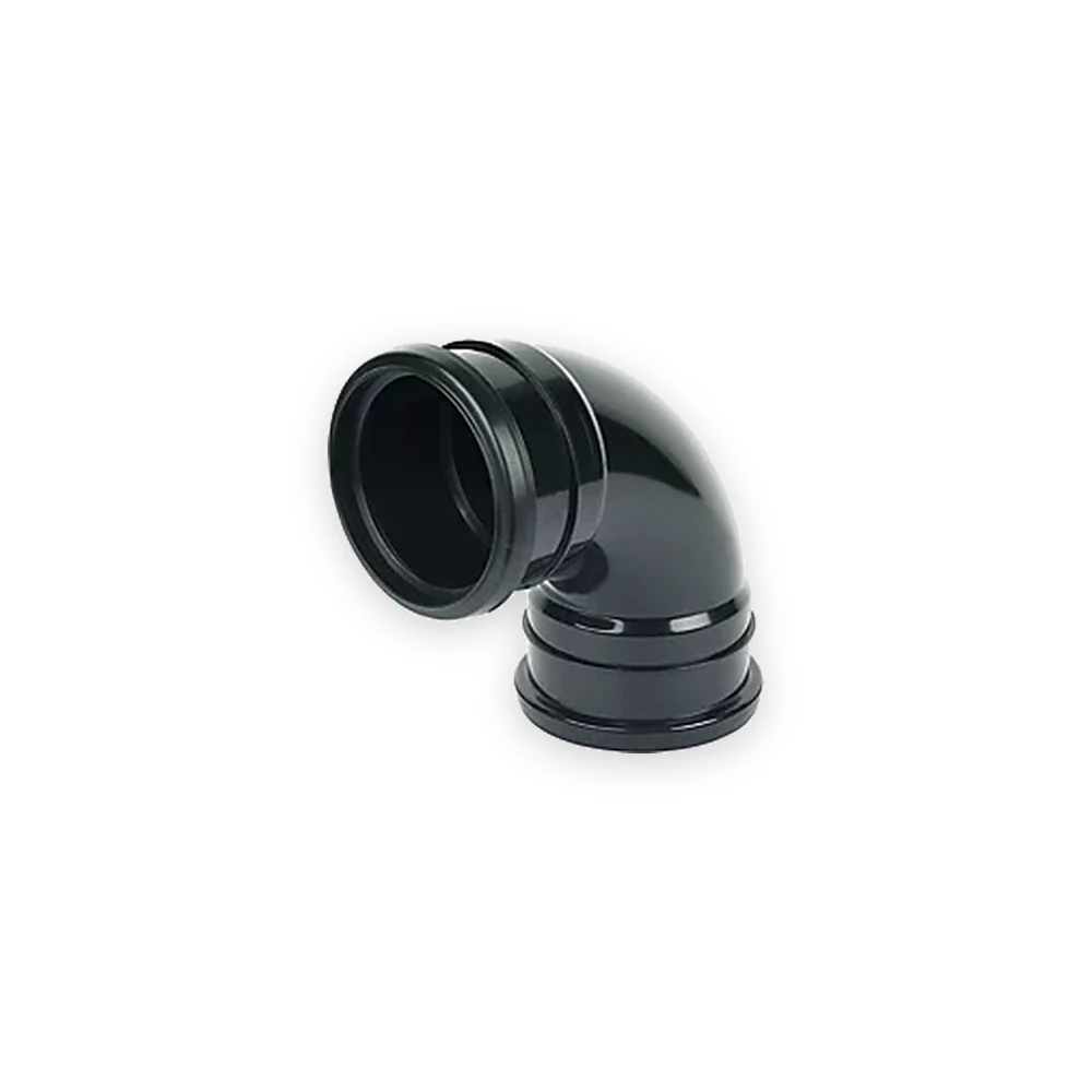 Black pushfit double socket pipe bend with ribbed socket collars Black pushfit double socket pipe bend with ribbed socket collars