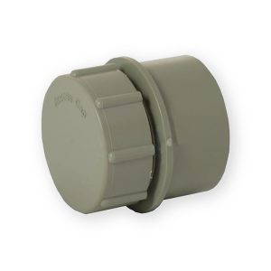 Grey Aquaflow 32mm solvent-weld access plug showing ribbed removable cap